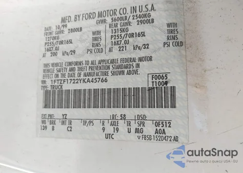 2000 Ford F-150 Work Series/Xl/Xlt from USA, damaged, VIN 1FTZF1722YKA45766